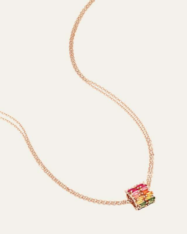 18K Rose Gold 2-Row Drop Diamond Baguette and Rainbow Sapphire Necklace