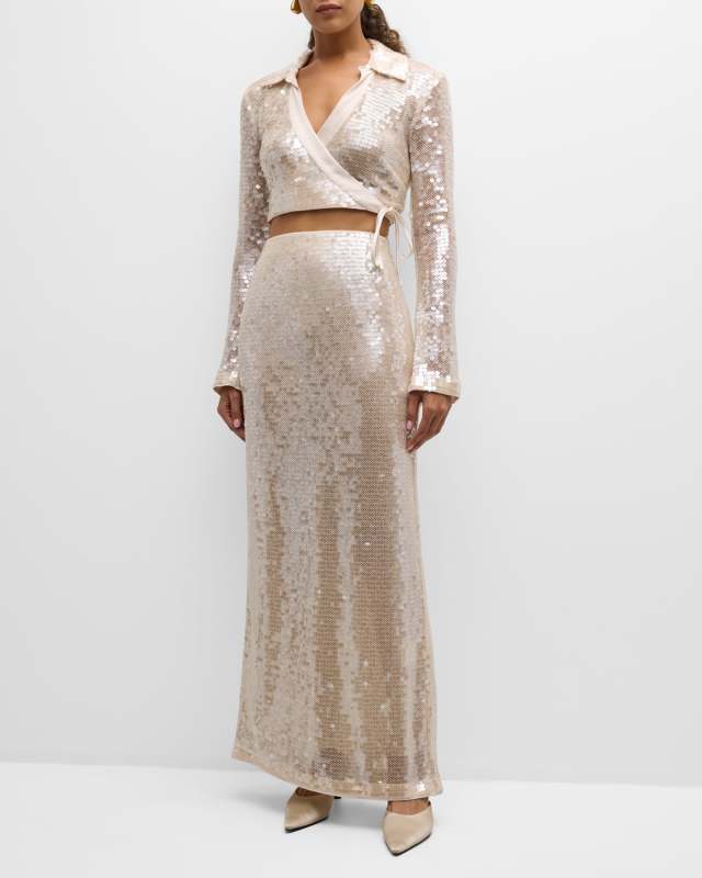 Numi Metallic Sequin Long Pencil Skirt