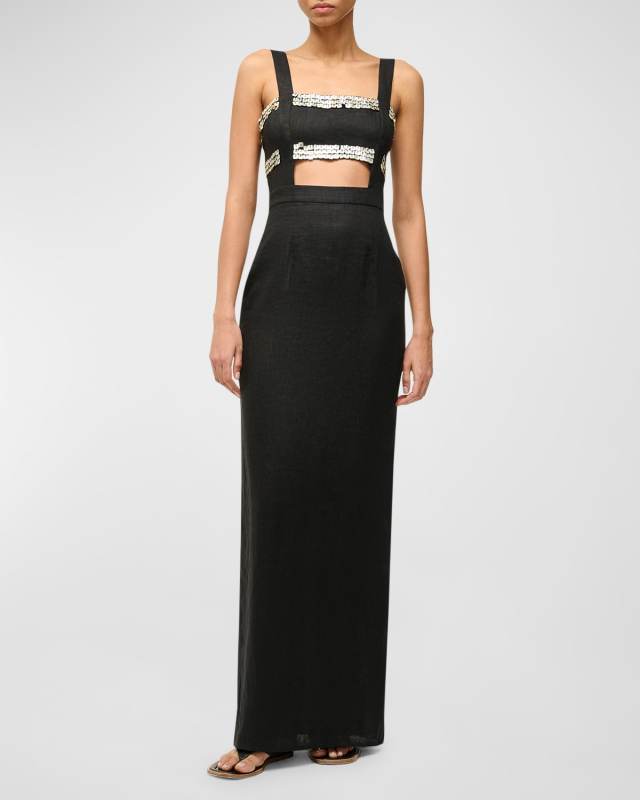 Mickey Embellished Linen Cutout Column Maxi Dress