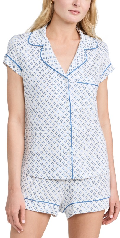 Eberjey Gisele Printed The Shortie PJ Set Petite Batik Ivory/Denim Blue