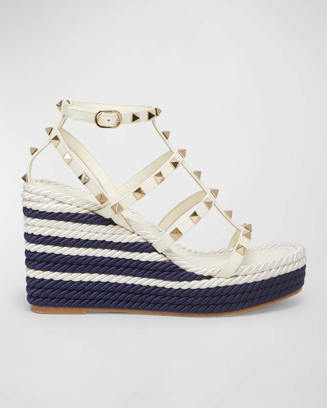 Rockstud Leather Caged Wedge Espadrilles