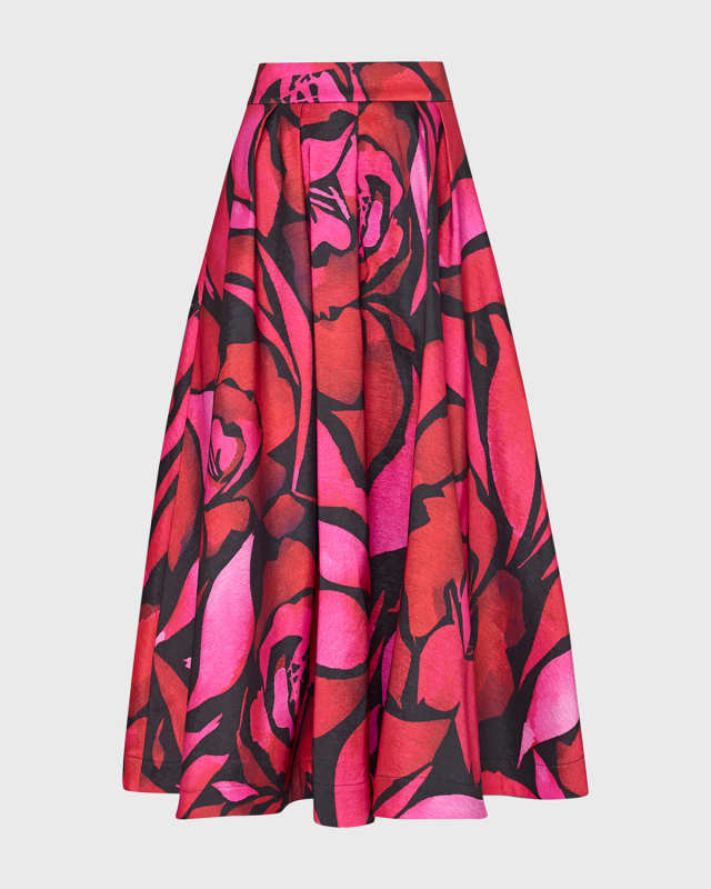 Juliet Pleated Floral-Print Taffeta Midi Skirt