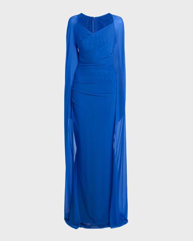 Stretch Tulle Cape Gown