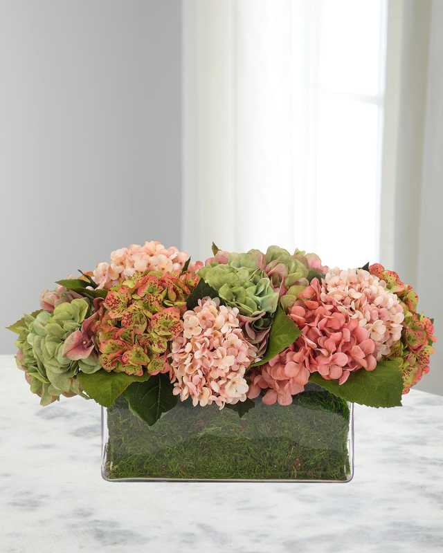 Hydrangeas 21" Faux Floral Arrangement in a Moss Glass Rectangle