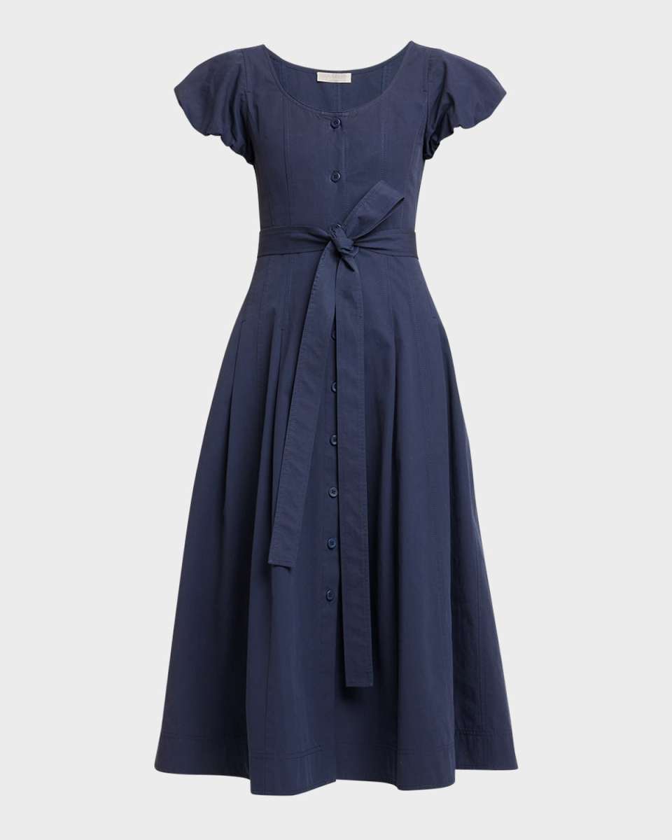 Rhea Puff-Sleeve Belted Midi Poplin Dress