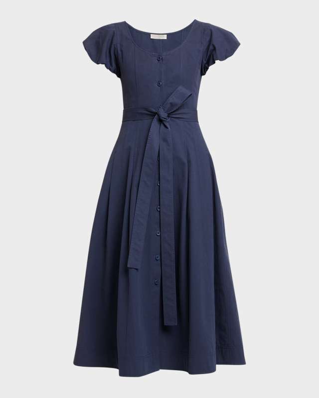 Rhea Puff-Sleeve Belted Midi Poplin Dress