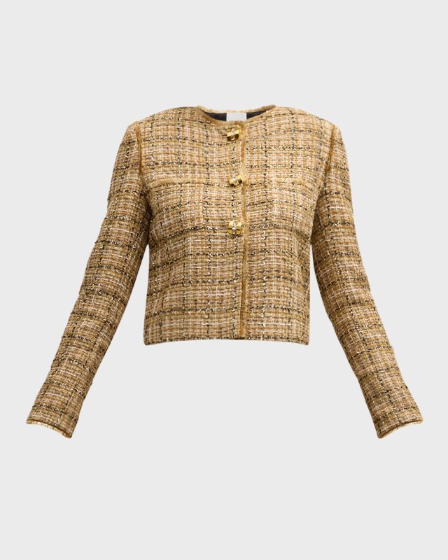 Metallic Plaid Fringe Trim Jacket