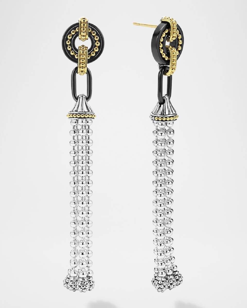 Black Caviar Beaded Drop Tassel Earrings