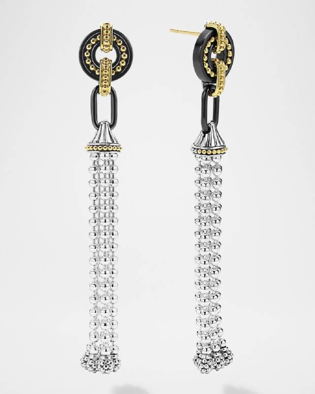 Black Caviar Beaded Drop Tassel Earrings