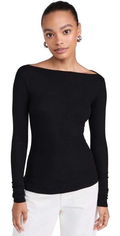 Enza Costa Silk Knit Boat Neck Top Black