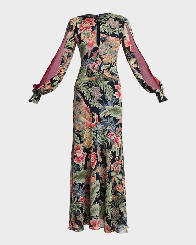 Allover Floral Slit Long-Sleeve Silk Gown