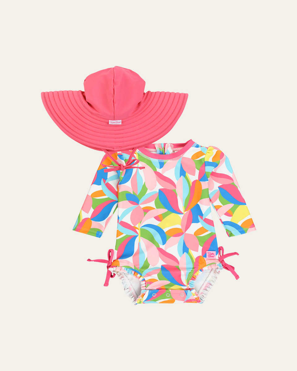 Girl's Tropical One-Piece Rash Guard and Hat Set, Size 0M-3T
