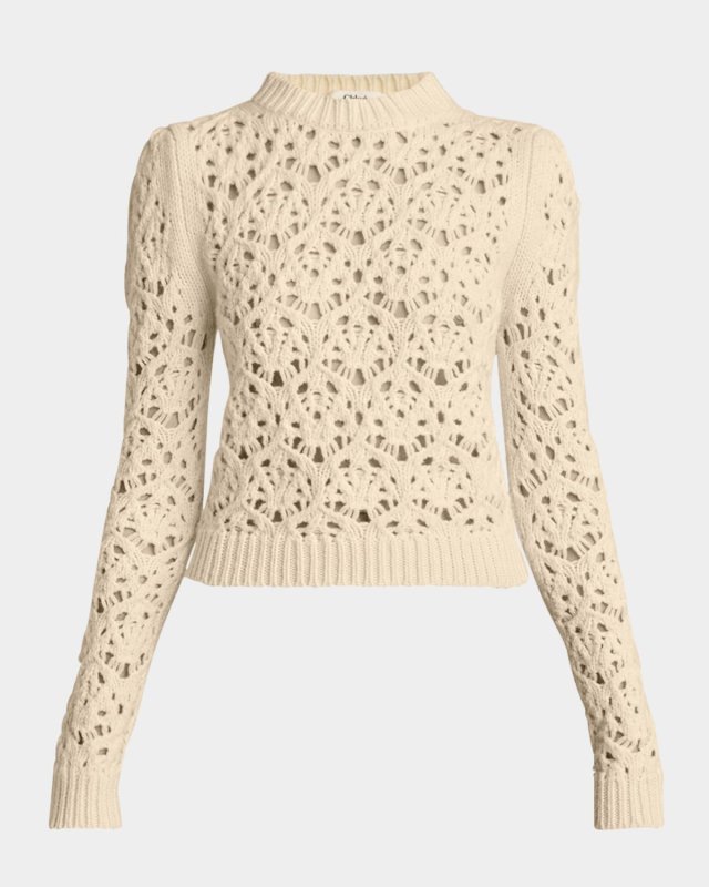 Funnel Neck Chunky Pointelle Wool Sweater