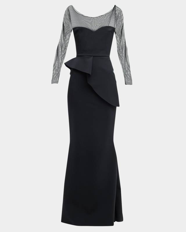 Long-Sleeve Illusion Peplum Gown