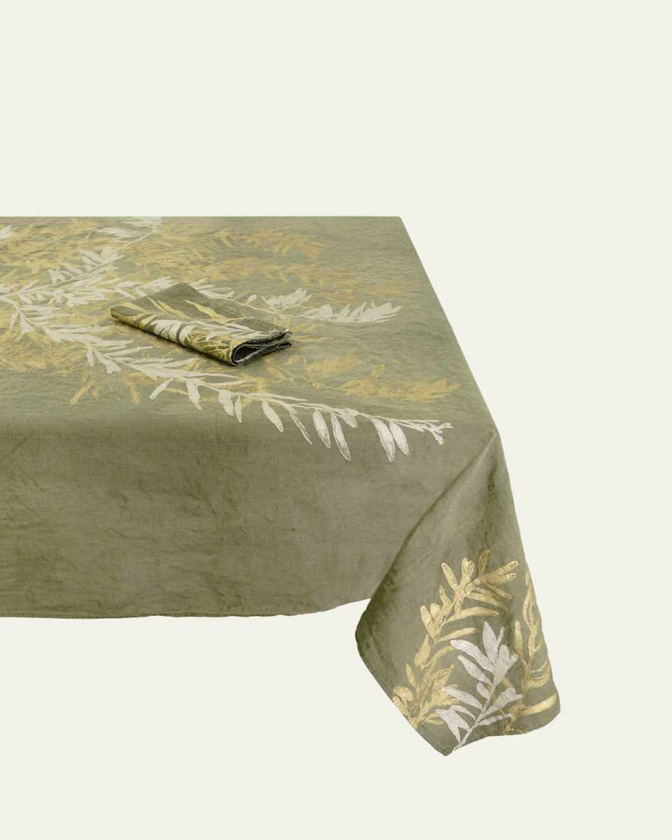 Leccino on Green Painted Linen Tablecloth, 57" x 98"