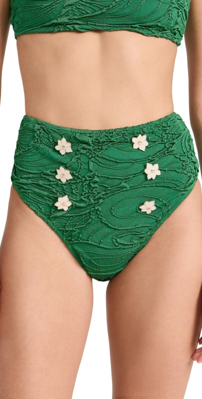PatBO Jacquard High Waist Bikini Bottoms Emerald