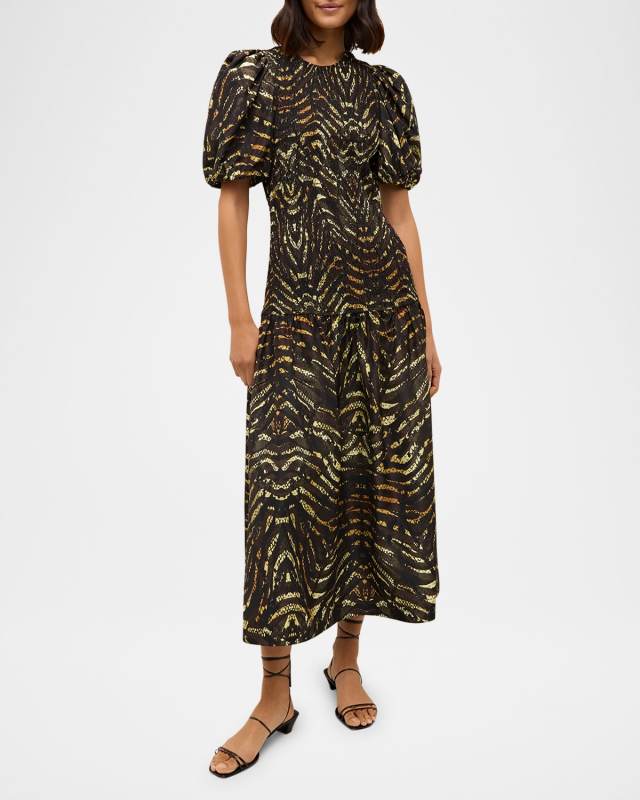 Marca Smocked Animal-Print Midi Dress