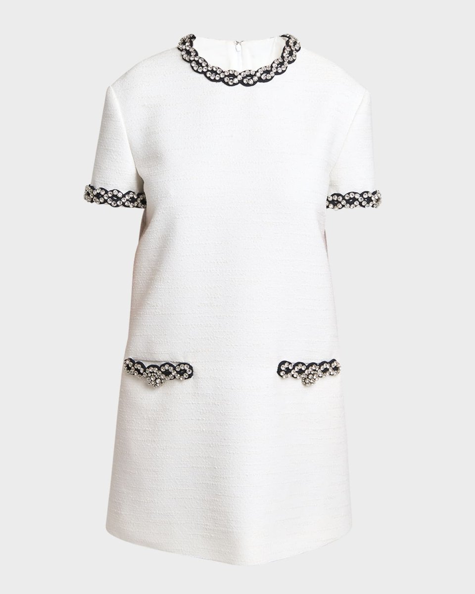 Crystal Twisted-Trim Short-Sleeve Crisp Tweed Mini Dress