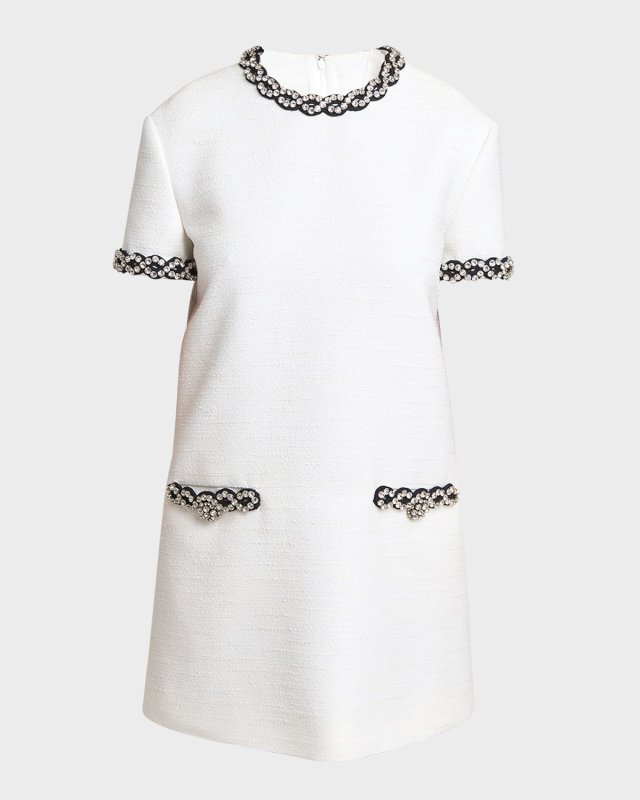 Crystal Twisted-Trim Short-Sleeve Crisp Tweed Mini Dress