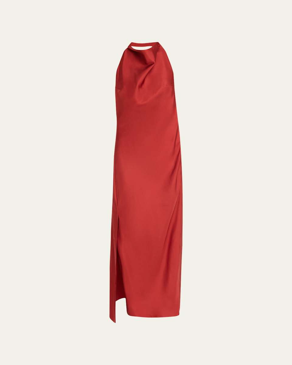 Draped Silk Open-Back Halter Dress