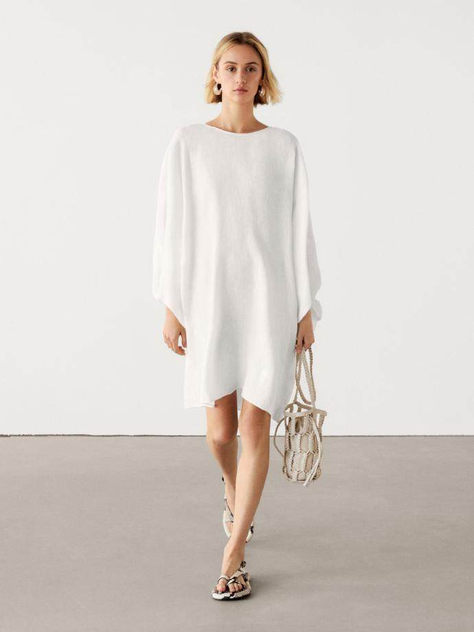 Massimo Dutti Short linen blend dress with puff sleeves