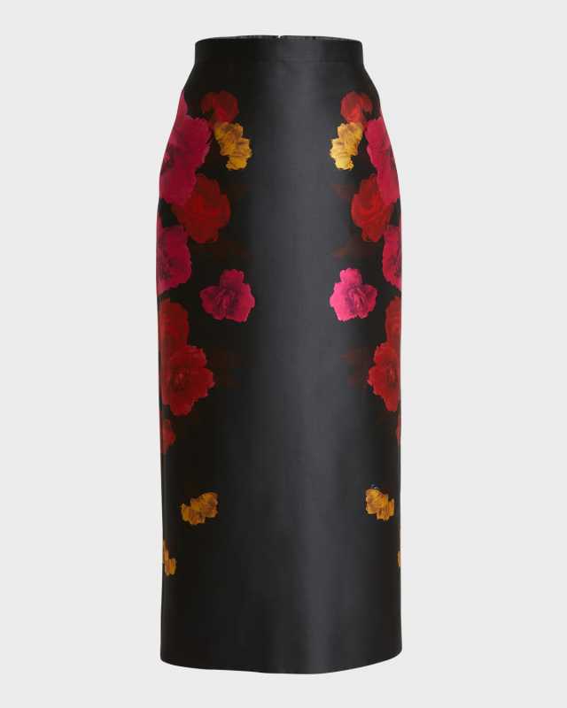 Floral Silk Midi Pencil Skirt