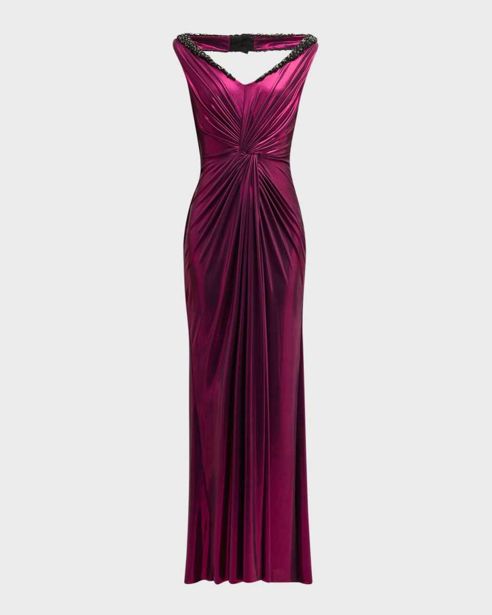 Crystal Open-Back Gunmetal Oil Jersey Knotted Gown