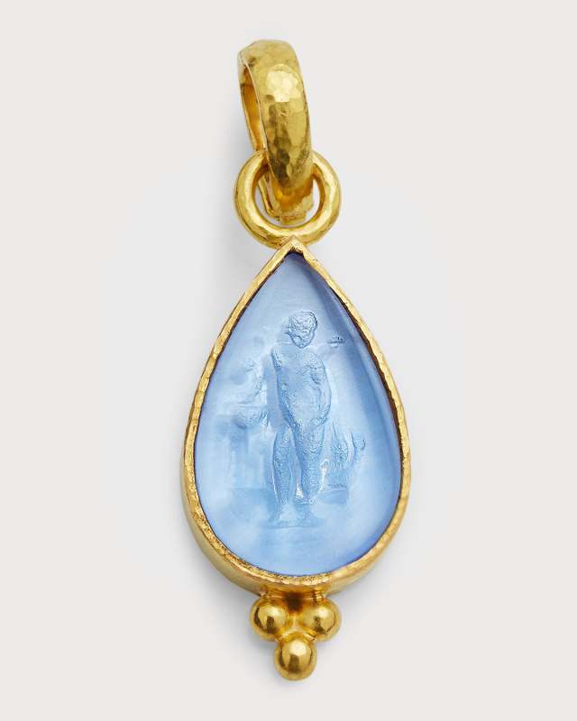 19K Yellow Gold Venetian Glass Intaglio Teardrop Pendant, 30x16mm