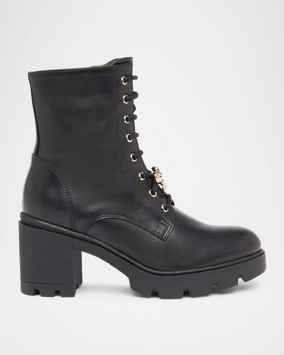 Gems Leather Bow Heeled Combat Booties