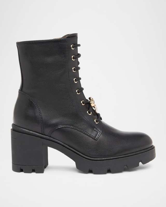 Gems Leather Bow Heeled Combat Booties