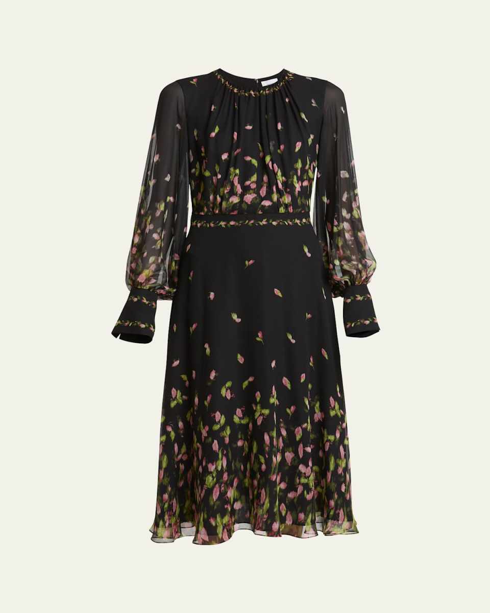 Floral Silk Long-Sleeve Midi Dress