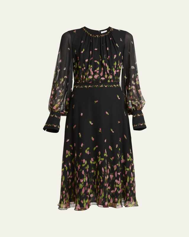 Floral Silk Long-Sleeve Midi Dress
