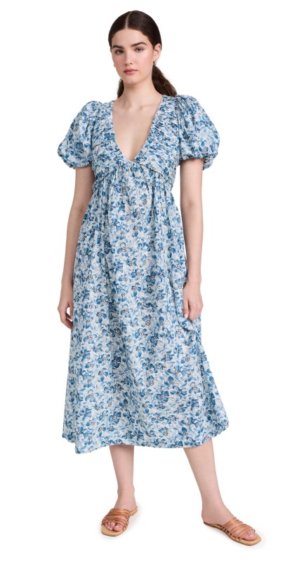 THE GREAT. The Gallery Dress Light Sky Pressed Floral Print