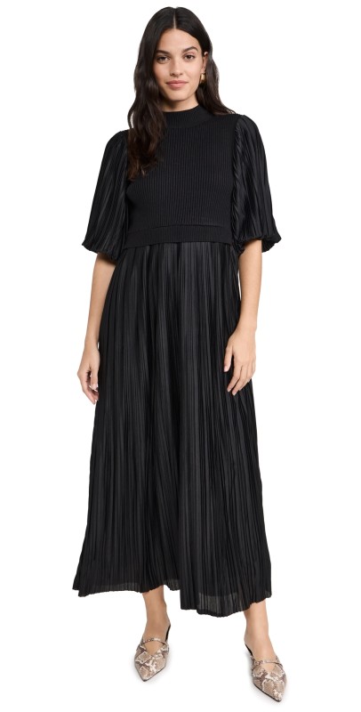 English Factory Pleated Mix Media Maxi Dress Black