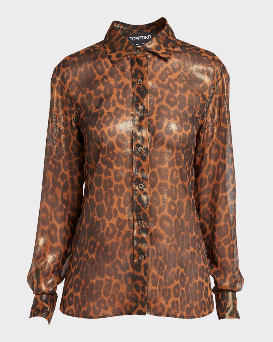 Laminated Leopard Print Button-Front Blouse