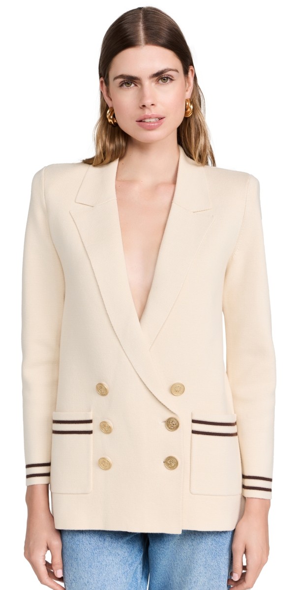 L'AGENCE Eileen Boyfriend Knit Blazer Porcelain With Brown And Gold