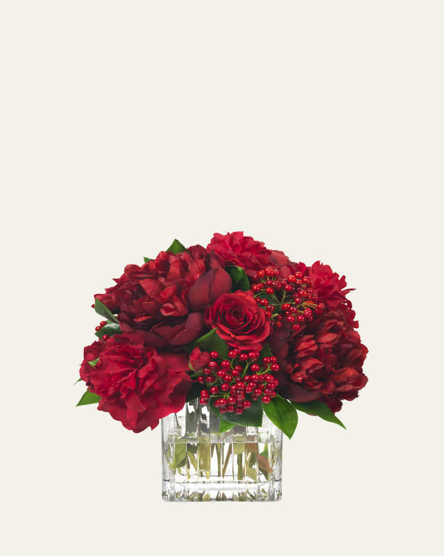 Red Peonies, Roses, and Berries 12" Faux Floral Arrangement in Glass Cube