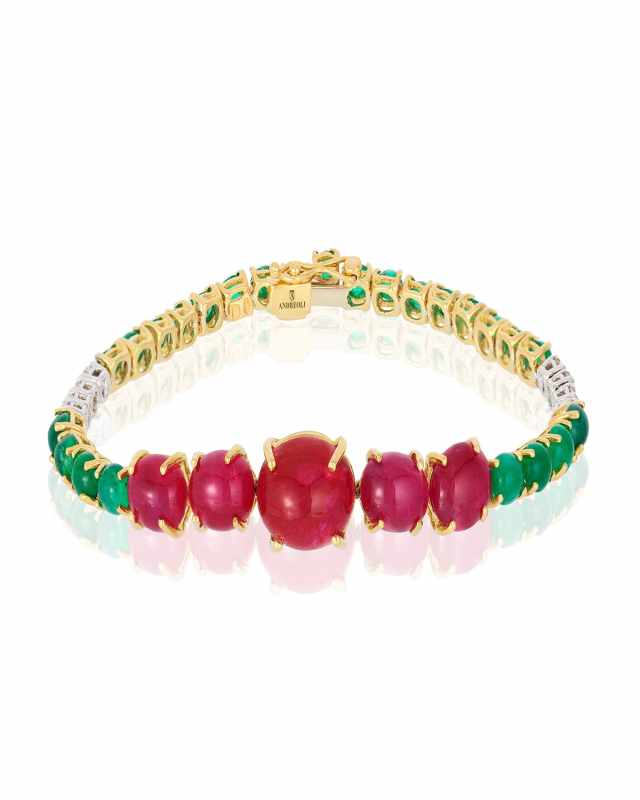 18K Yellow Gold Cabochon Ruby and Emerald Bracelet with Diamonds