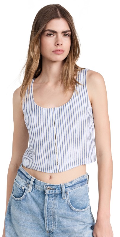 Madewell Scoopneck Crop Tank in Stripe 100% Linen Stripe Bluestone