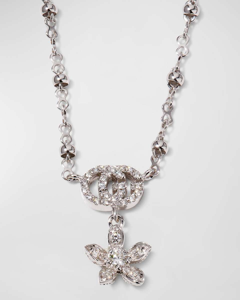 18k White Gold Diamond Flower Necklace w/ Micro Pearls
