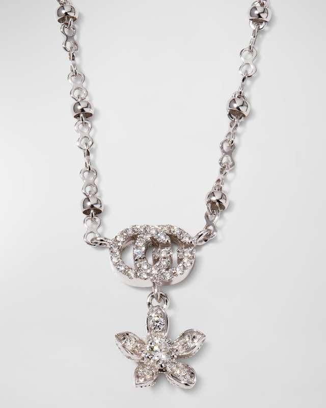 18k White Gold Diamond Flower Necklace w/ Micro Pearls