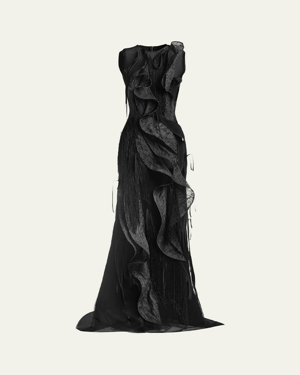 Hedone Sheer Fringe Ruffle Gown