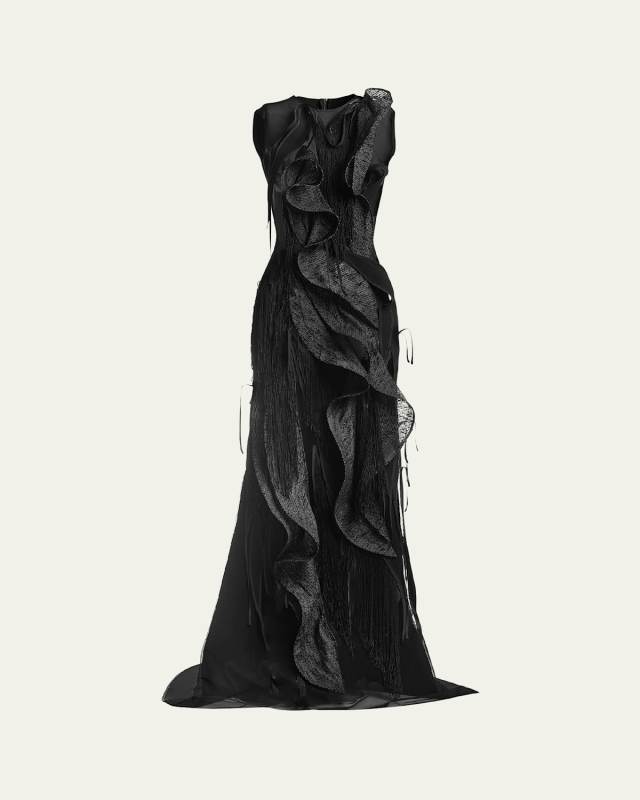 Hedone Sheer Fringe Ruffle Gown