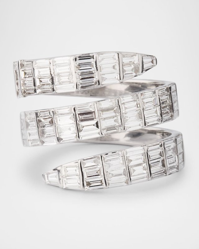 18K White Gold Baguette Diamond Snake Ring, Size