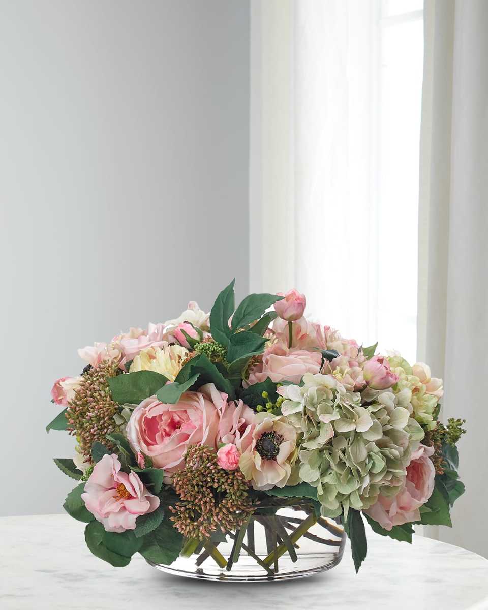 Peony & Anemone Arrangement in Glass Bowl