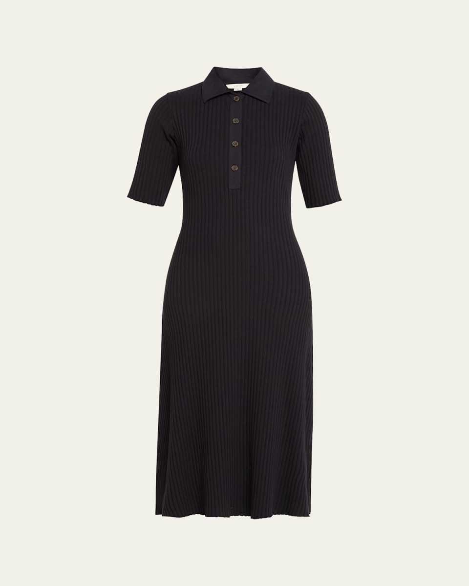 Ribbed Elbow-Sleeve Polo Midi Dress