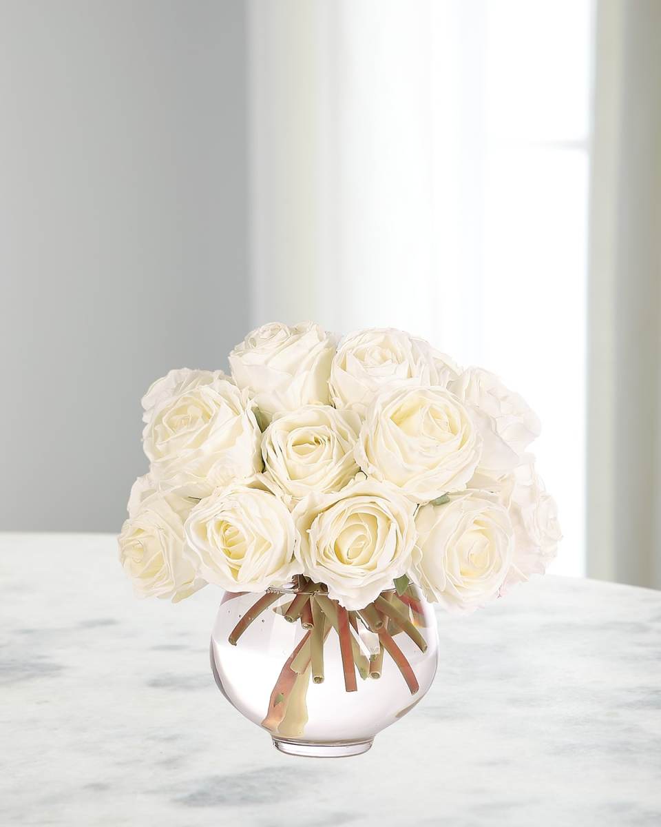 White Roses 8" Faux Floral Arrangement in Glass Vase