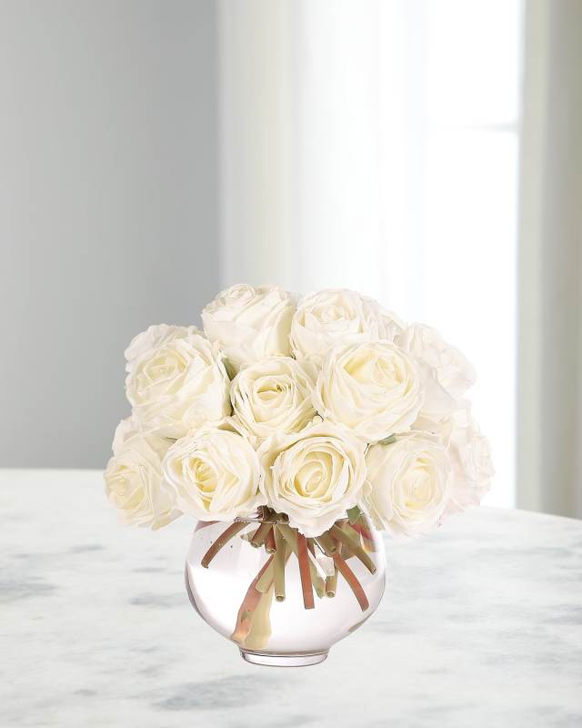 White Roses 8" Faux Floral Arrangement in Glass Vase