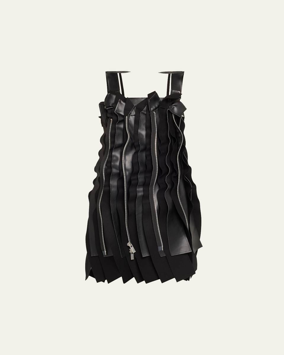 Pleated Faux Leather Wool Panel Zippered Dress