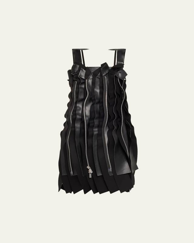 Pleated Faux Leather Wool Panel Zippered Dress